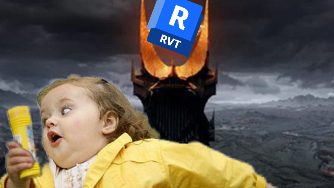 A child fleeing from a dark figure wielding the Revit logo